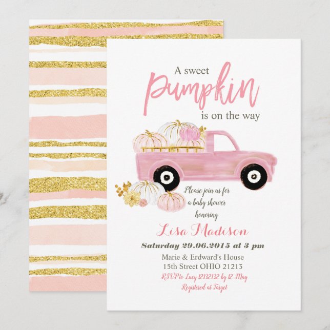 Invitation Pink A sweet Citrouille est en route baby shower (Devant / Derrière)