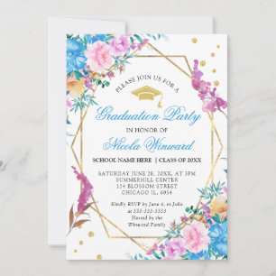 Invitation Pink and Blue Summer Flowers Graduation