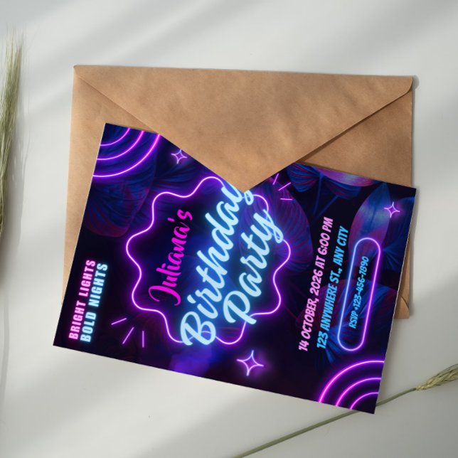 Invitation Pink and Blue Tropical Neon Birthday Party  (Créateur téléchargé)