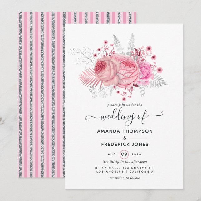 Invitation Pink and Faux Foil & Parties scintillant Mariage f (Devant / Derrière)