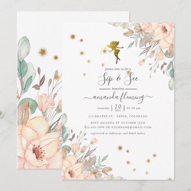 Invitation Pink and Gold Fairy thème Girl Sip and See (Devant / Derrière)