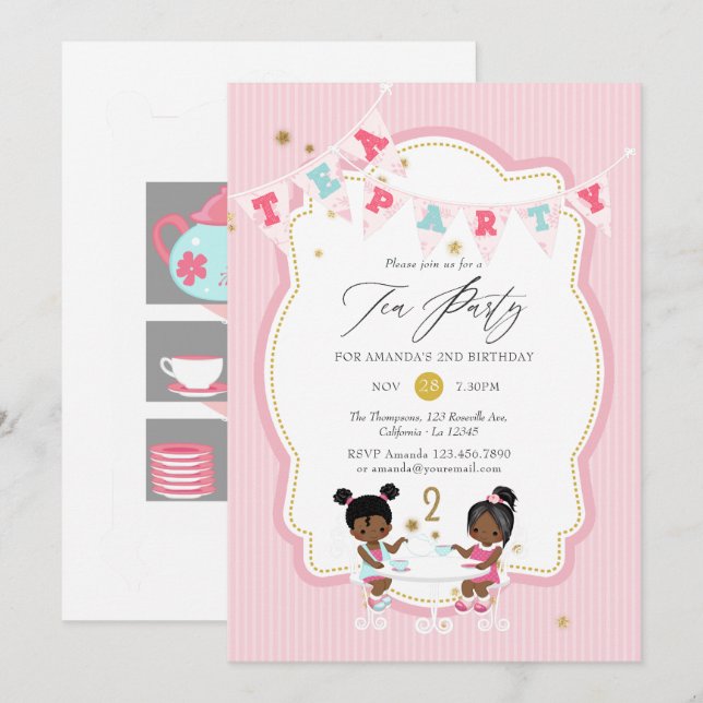 Invitation Pink and Gold Girl 2e fête de thé d'anniversaire (Devant / Derrière)