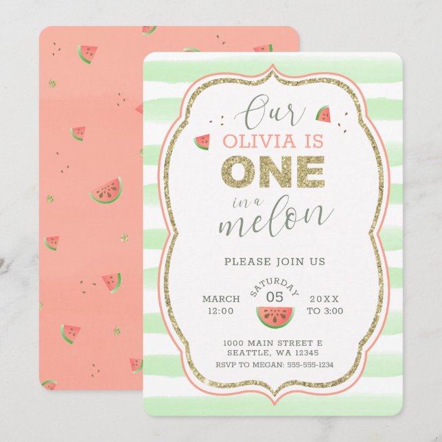 Invitation Pink and Gold Sparkel One in a Melon 1er Birthday (Devant / Derrière)