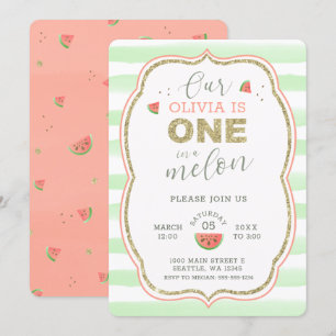 Invitation Pink and Gold Sparkel One in a Melon 1er Birthday