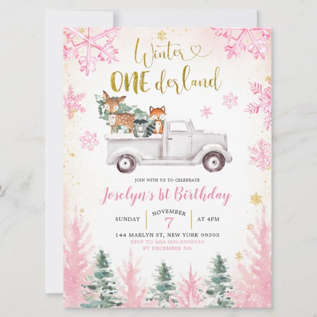 Invitation Pink and Gold Winter Woodland Truck Premier annive (Devant)
