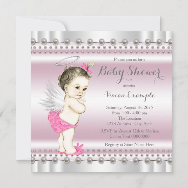 Invitation Pink and Grey Angel Pearl Baby Girl Douche (Devant)