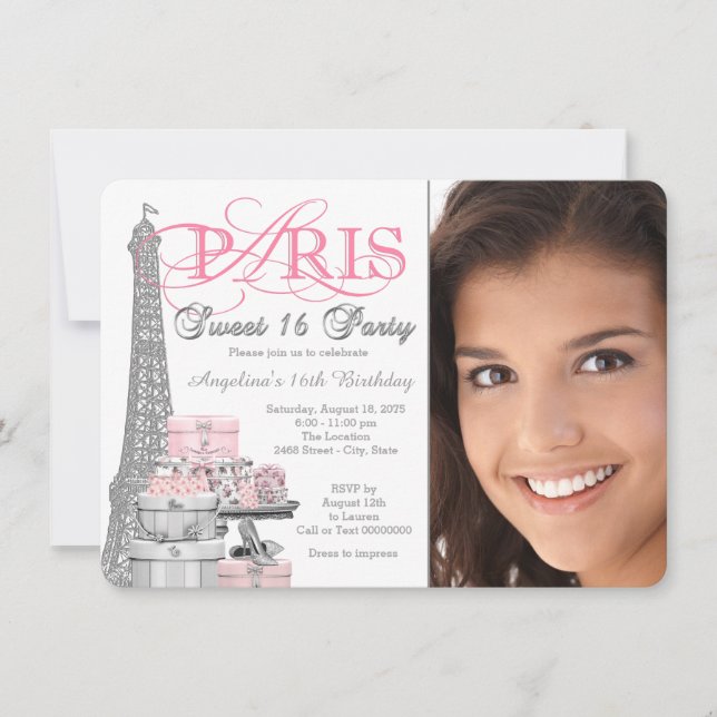 Invitation Pink and Grey Paris Sweet 16 Anniversaire (Devant)