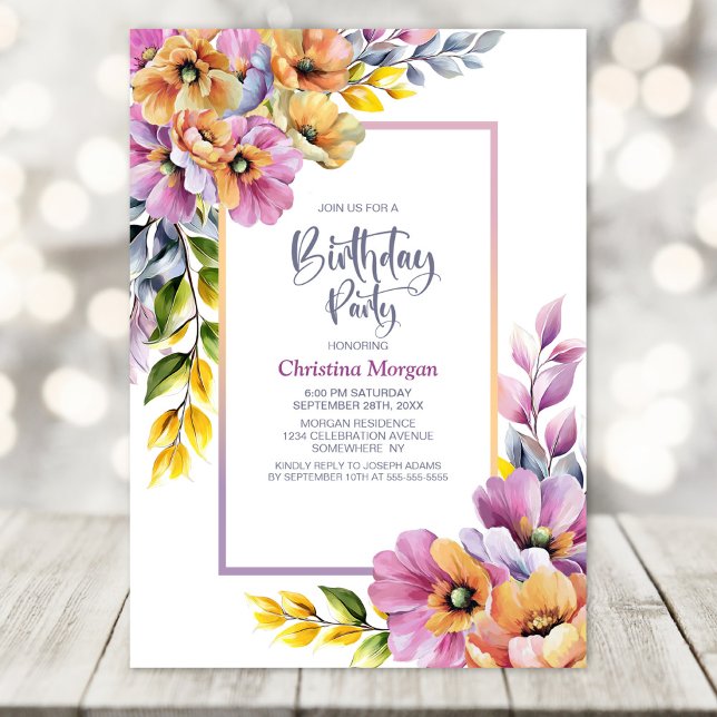 Invitation Pink and Orange Floral Any Age Birthday Party (Créateur téléchargé)
