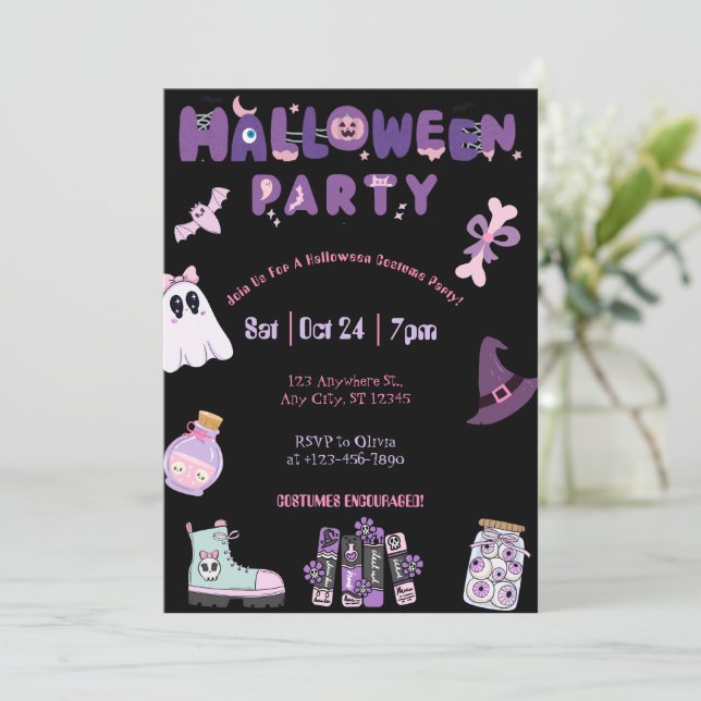 Invitation Pink and Purple Halloween Party mignonne Ghost &Éf (Debout devant)