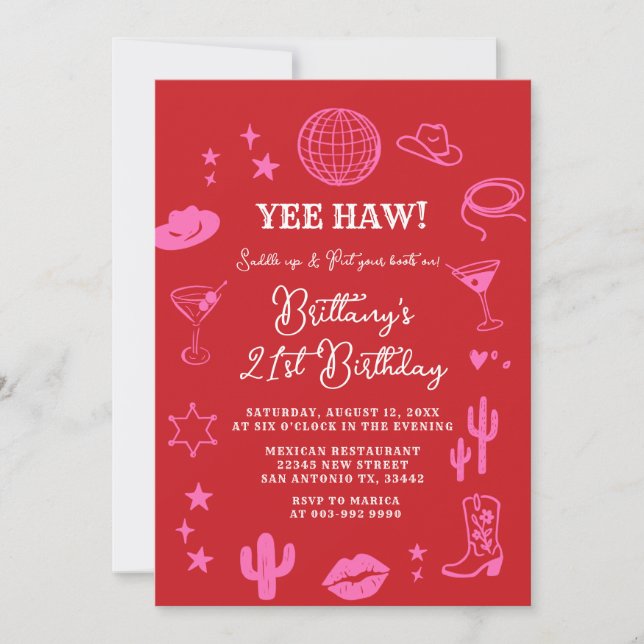 Invitation Pink and Red Rodeo Disco Ball Any Age Birthday  (Devant)