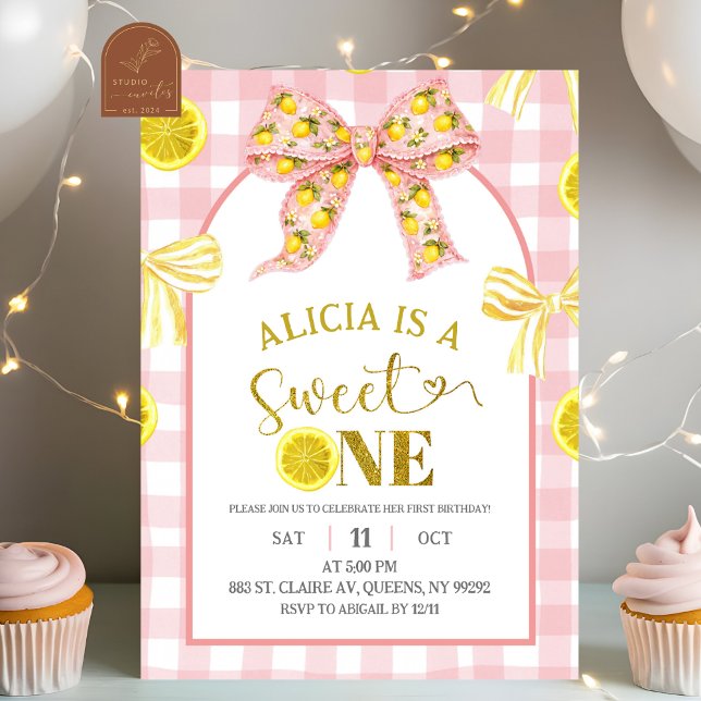Invitation Pink and Yellow Bow Sweet One Lemon Birthday Invit (Créateur téléchargé)