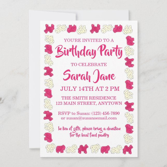 Invitation Pink Animal Crackers Cookies Circus Anniversaire (Devant)