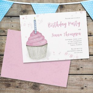 Invitation Pink Anniversaire Whimsical mignon Cupcake Simple