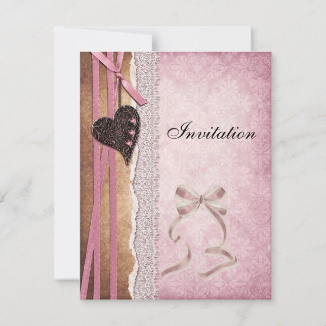 Invitation Pink Antique Paper Bow Heart (Devant)