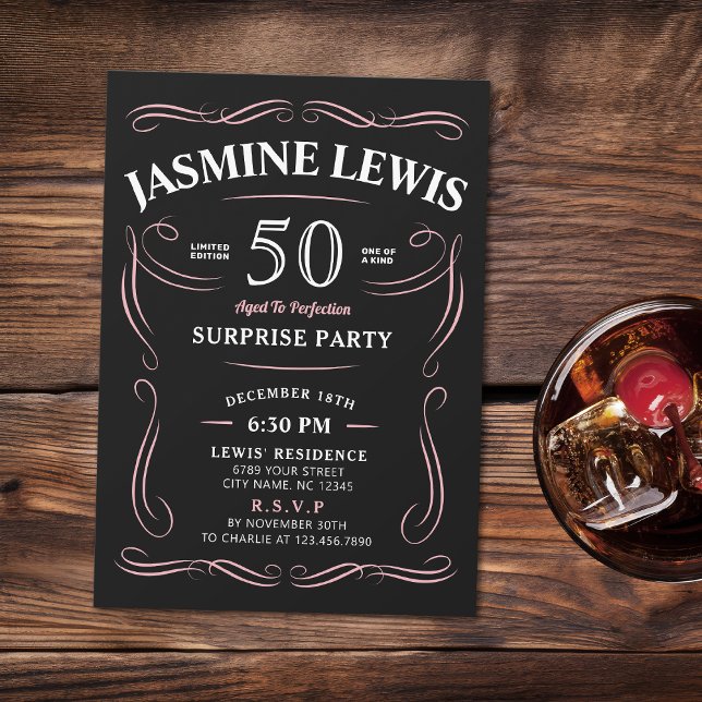 Invitation Pink Any Age Whiskey thème surprise 50e anniversai (Pink Any Age Whiskey themed surprise 50th birthday Invitation)