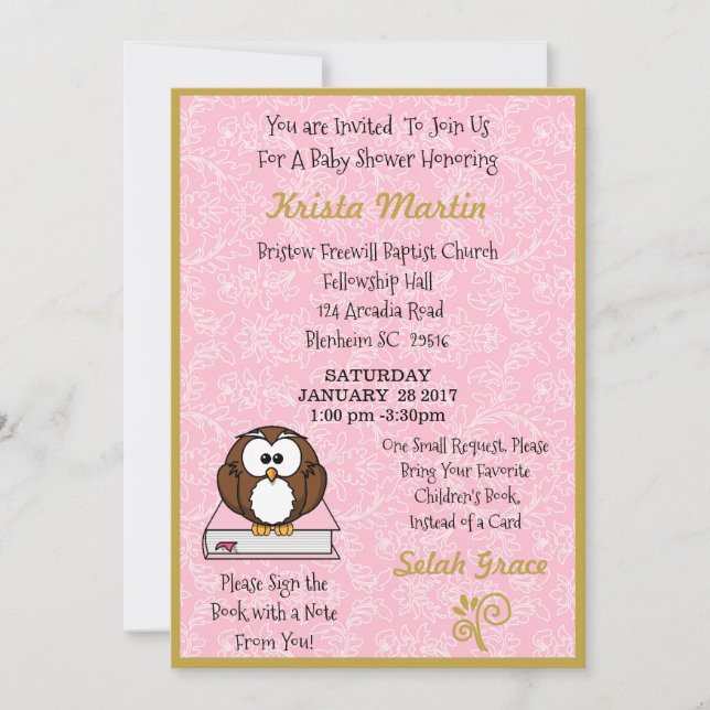 Invitation Pink Apportez un Baby shower de livre (Devant)