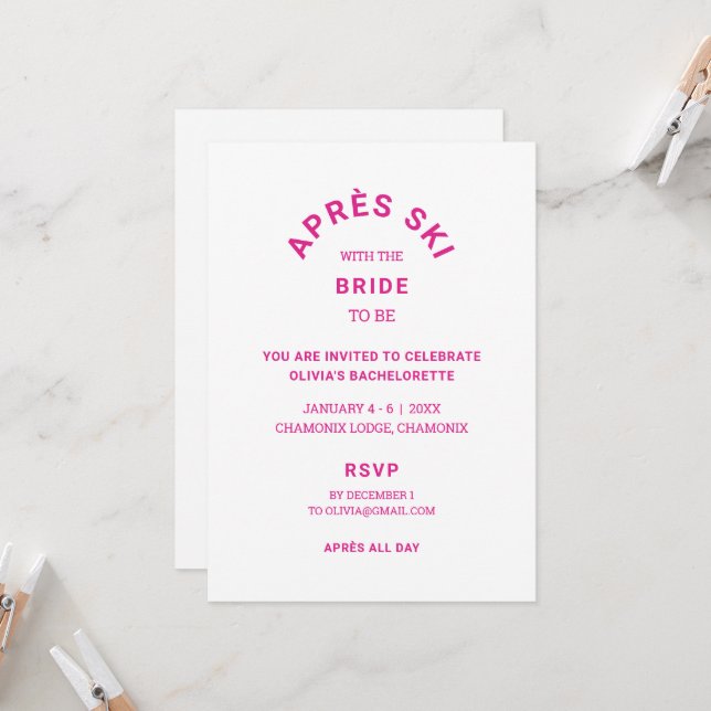 Invitation Pink Après Ski avec la mariée à être Bachelorette (Devant/Arrière en situation)