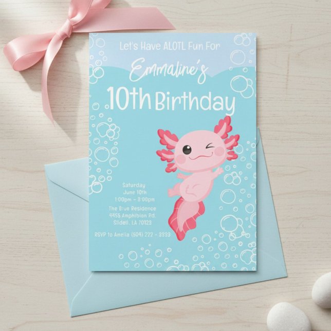 Invitation Pink Aqua Axolotl 10th Birthday Party (Créateur téléchargé)