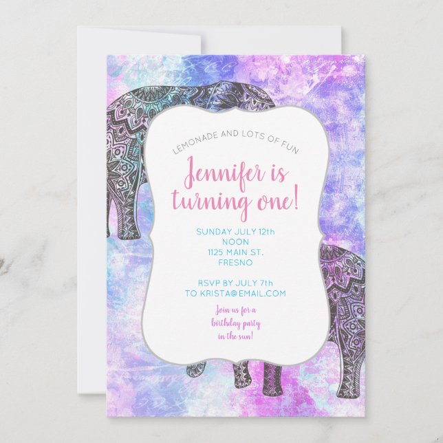 Invitation Pink Aqua Black Elephant Bright Tribal (Devant)