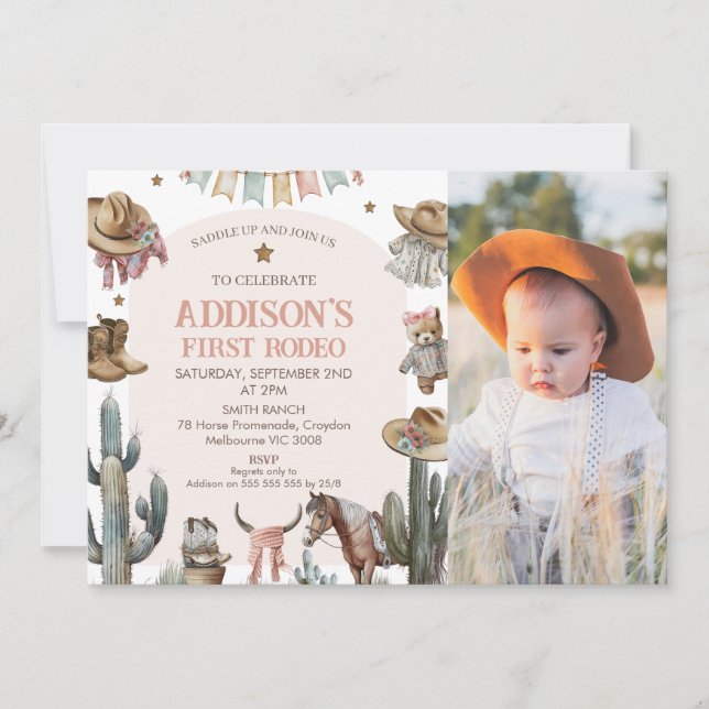 Invitation Pink Arch Photo First Rodeo Western 1er anniversai (Devant)