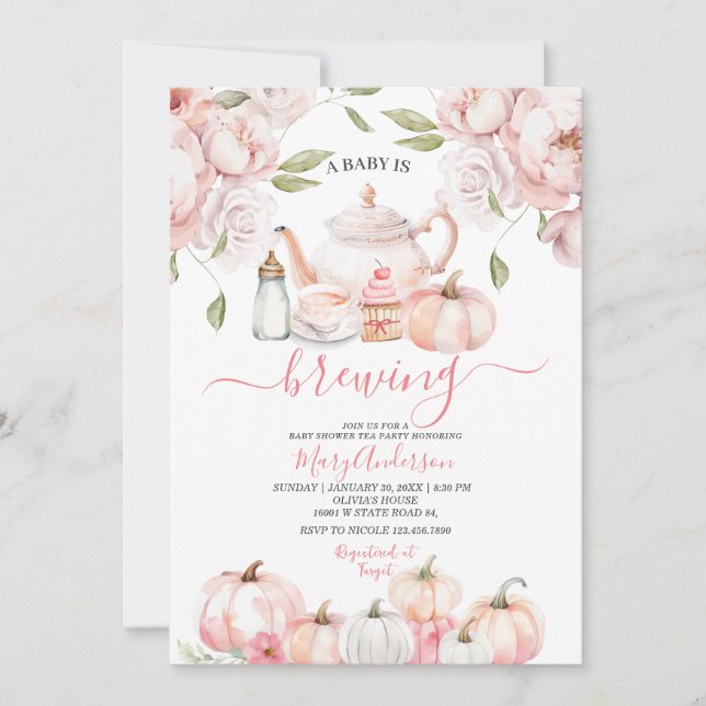 Invitation Pink Baby brasse du thé Citrouille Baby shower d'a (Devant)