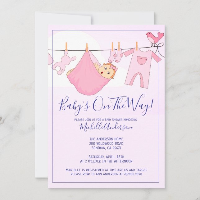 Invitation Pink Baby Bundle Sur Baby shower Clothesline (Devant)