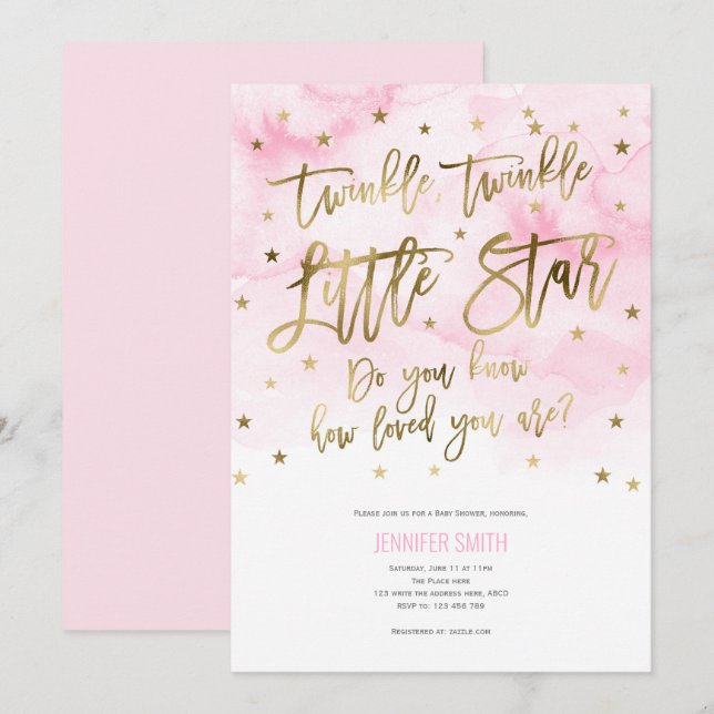 Invitation Pink, Baby Girl, Twinkle petites stars, Baby showe (Devant / Derrière)