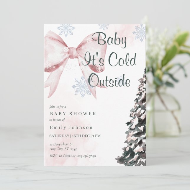 Invitation Pink Baby It's Cold Outside Bow Girl Baby Shower (Debout devant)