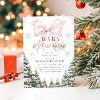 Invitation Pink Baby It's Cold Outside Bow Girl Baby Shower