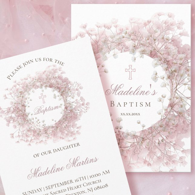 Invitation pink baby's breath flowers Baptism (Créateur téléchargé)