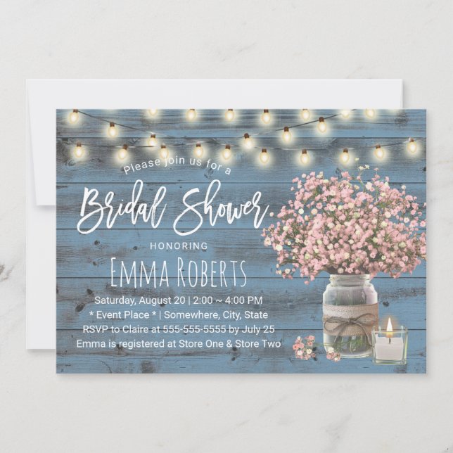 Invitation Pink Baby's Breath Jar Dusty Blue Fête des mariées (Devant)