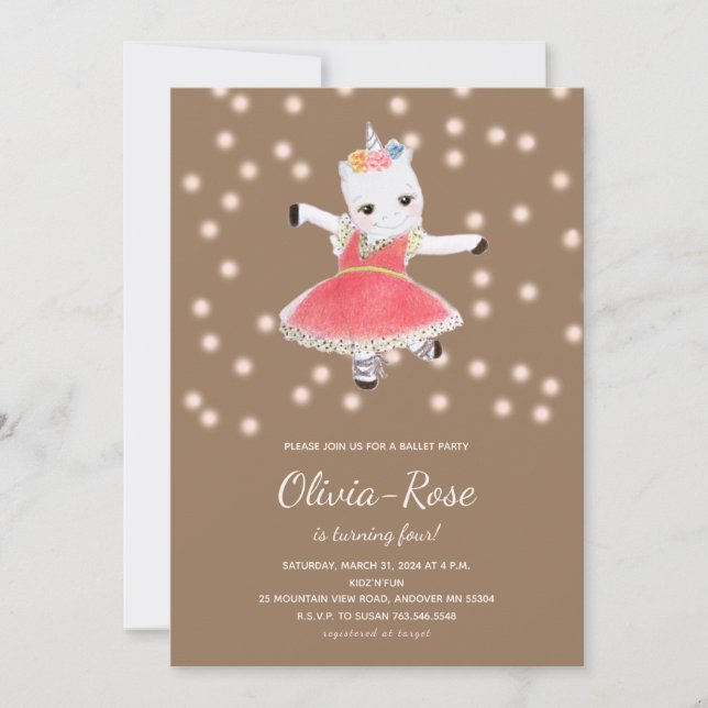 Invitation Pink Ballerina Unicorn Girl Anniversaire Invitatio (Devant)