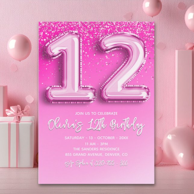 Invitation Pink Balloon Numbers 12th Birthday for Girl (Créateur téléchargé)