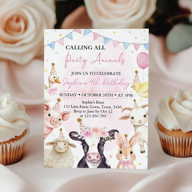 Invitation Pink Barnyard Farm Animaux Fille Anniversaire (Créateur téléchargé)