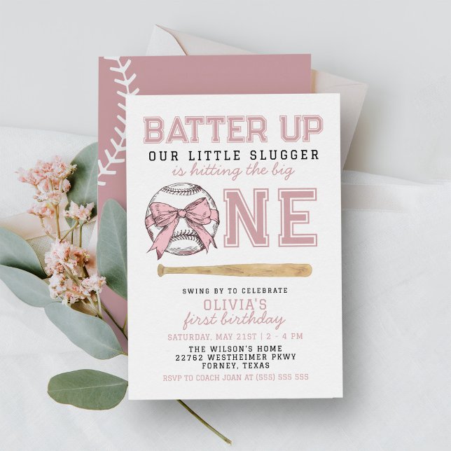 Invitation Pink Batter Up Baseball Girl 1er Anniversaire (Créateur téléchargé)