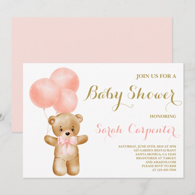Invitation Pink Bear Baby shower fille (Devant / Derrière)