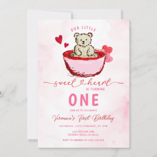 Invitation Pink Bear Sweetheart Valentine 1st Birthday
