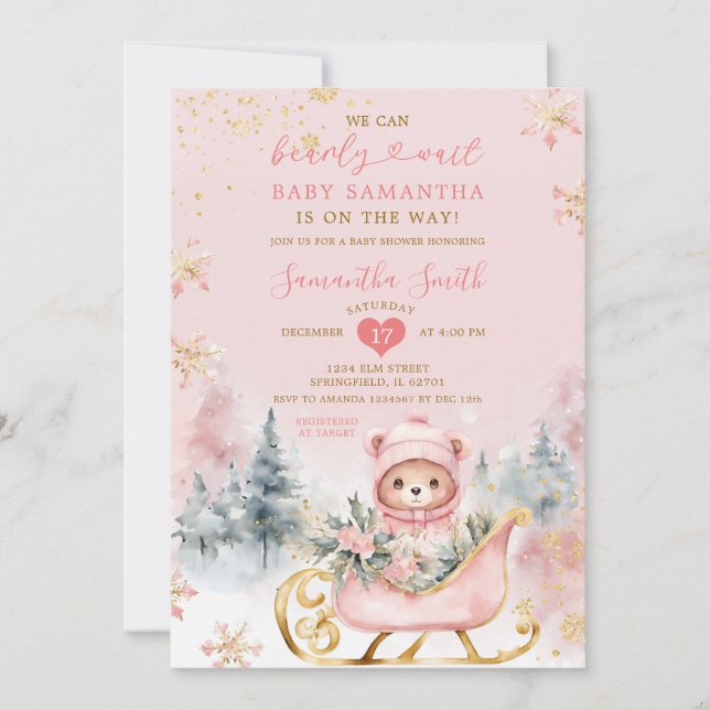 Invitation Pink Bearly Wait Baby shower de forêt d'hiver Ours (Devant)