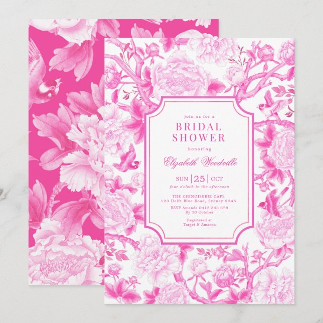 Invitation Pink Birds & Peonies Chinoiserie Fête des mariées (Devant / Derrière)