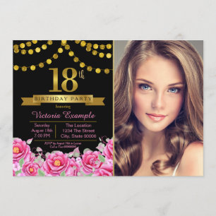 Invitation Pink Black Gold Moderne 18e fête d'anniversaire