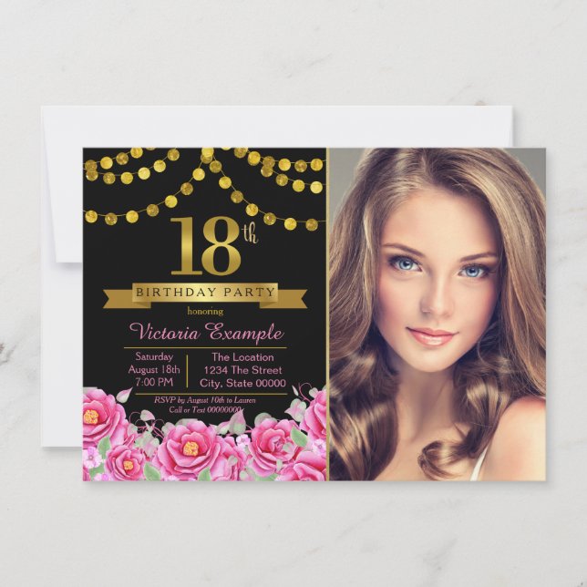 Invitation Pink Black Gold Moderne 18e fête d'anniversaire (Devant)