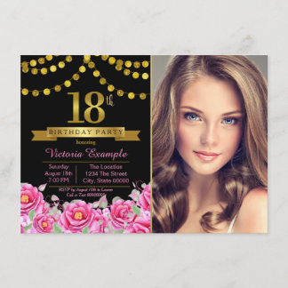 Invitation Pink Black Gold Moderne 18e fête d'anniversaire