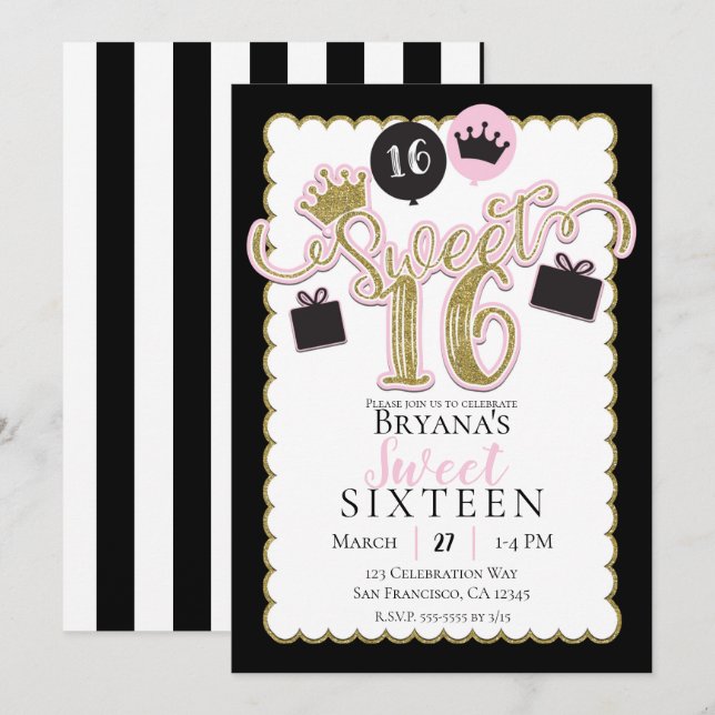 Invitation Pink Black Gold Sweet 16 rayures fête d'anniversai (Devant / Derrière)