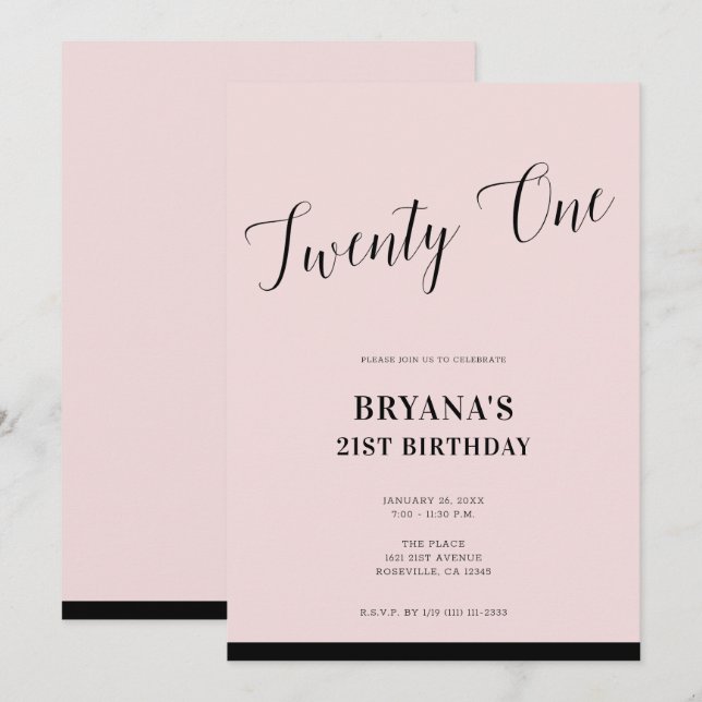 Invitation Pink & Black Modern Script minimal 21 Twenty One (Devant / Derrière)