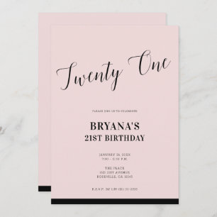 Invitation Pink & Black Modern Script minimal 21 Twenty One