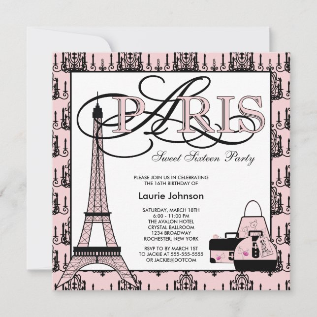 Invitation Pink Black Paris Sweet 16 Anniversaire (Devant)
