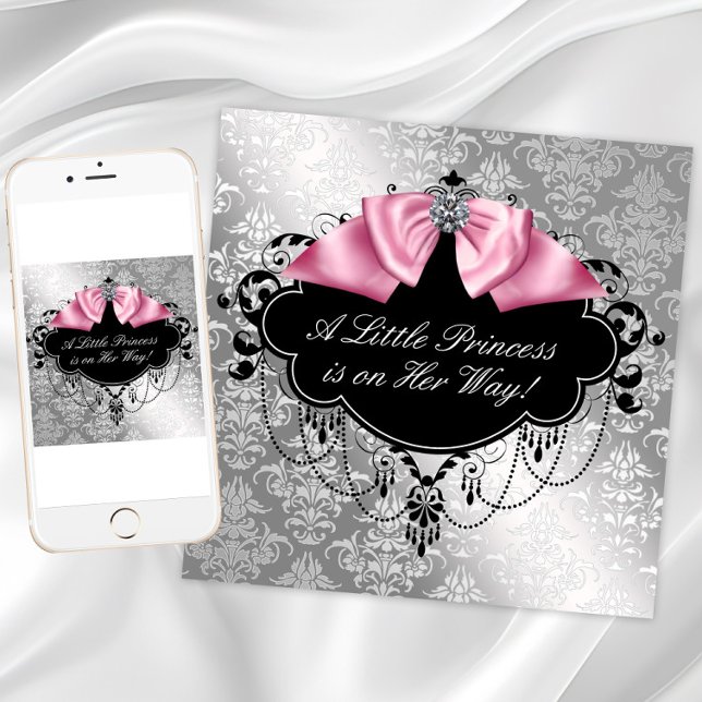 Invitation Pink Black Princesse Baby Girl Douche (Pink black and silver baby shower invitation with pink diamond bow on damask background.)