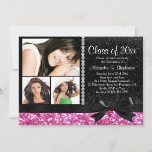 Invitation Pink/Black Sparkle Bow 3 Photo Graduation Party