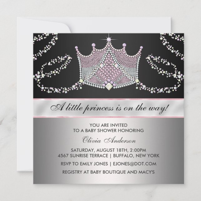 Invitation Pink Black Tiara Baby Girl Princess Baby shower (Devant)