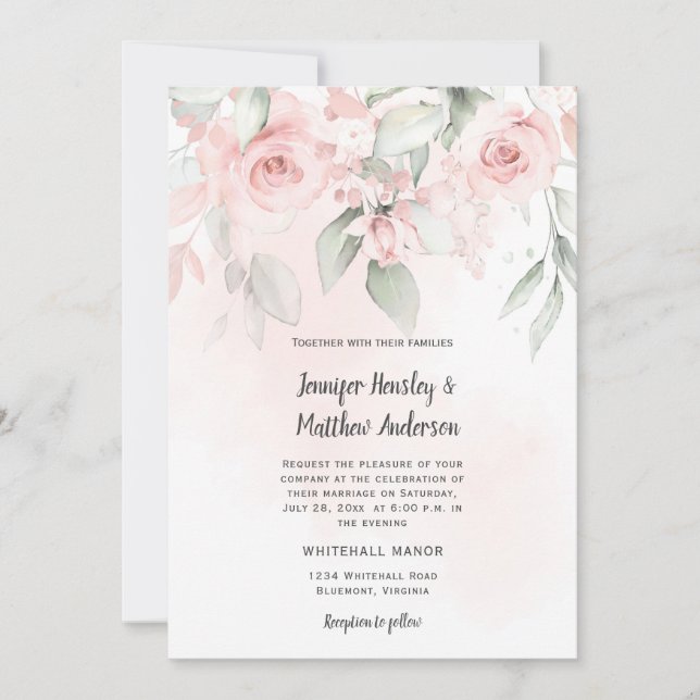 Invitation Pink Bliss Pastel rose et vert Mariage floral (Devant)